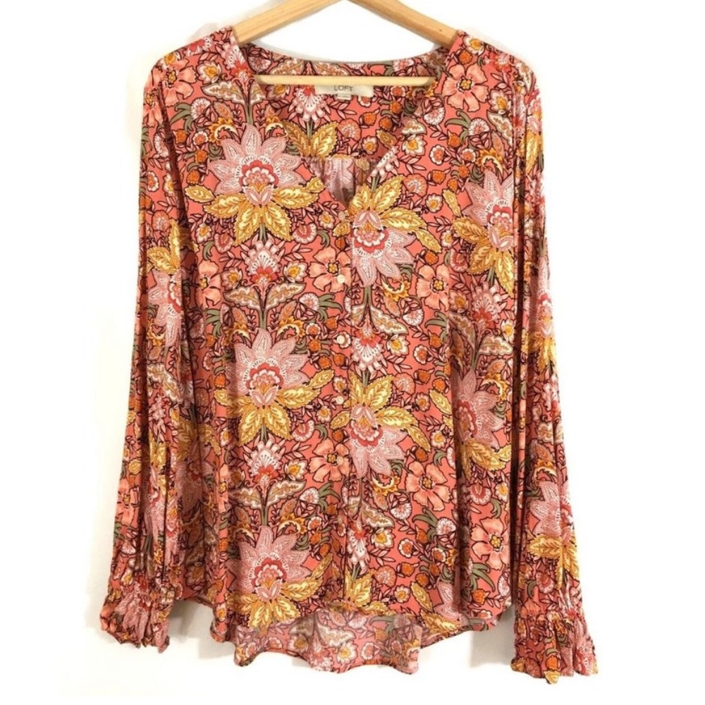 LOFT PLUS Floral Paisley Long Sleeve V-Neck Button Up Blouse Top Shirt Sz 18